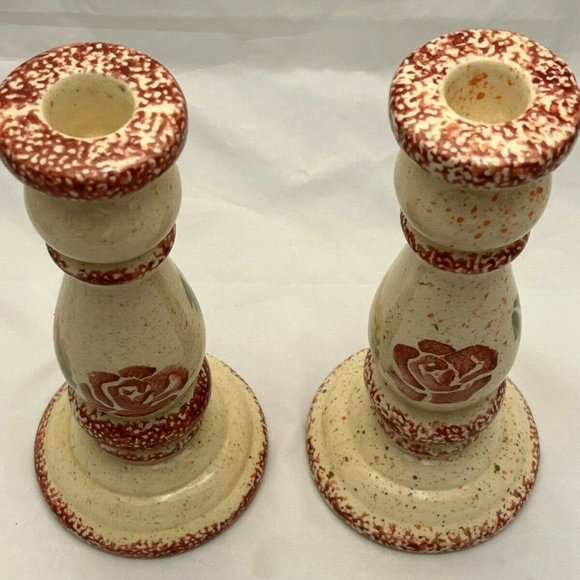 Primitive Spongeware Pink Rose Candlesticks, Set of 2, Farmhouse Cottagecore EUC - Picture 2 of 5